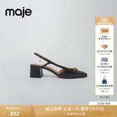 饰皮革凉鞋 Maje春夏女士法式 优雅简约设计感黑色方头宽跟金属装