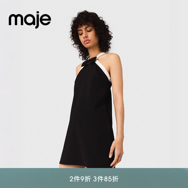 Maje春夏款女装法式气质度假风宽松挂脖式蝴蝶结装饰黑色连衣裙图片