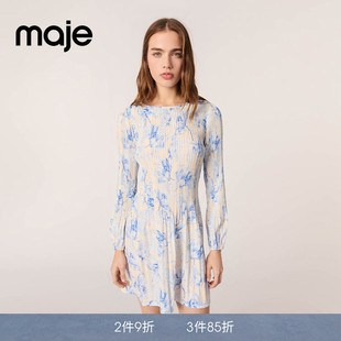 Maje春夏女装法式时尚优雅蓝色印花图案圆领长袖收腰短款连衣裙