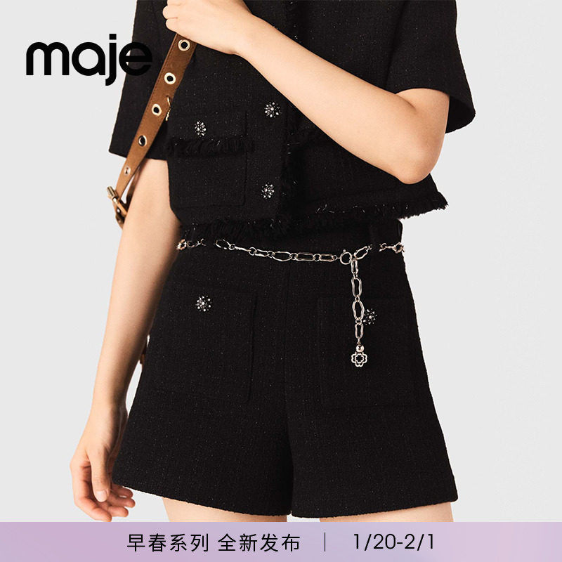 Maje2026春季新款女装法式时尚双侧口袋仿钻饰粗花呢黑色高腰短裤,女装/女士精品,休闲裤,淘宝优惠券,粉丝福利购,淘宝优惠卷