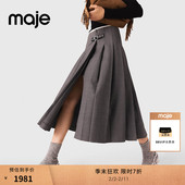 末7折Maje2025秋冬新款 女装 法式 季 时尚 撞色腰头开叉高腰百褶半裙