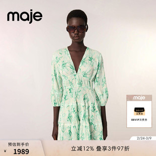 Maje2025春夏女装法式时尚V领花卉印花百褶松紧袖口短款连衣裙