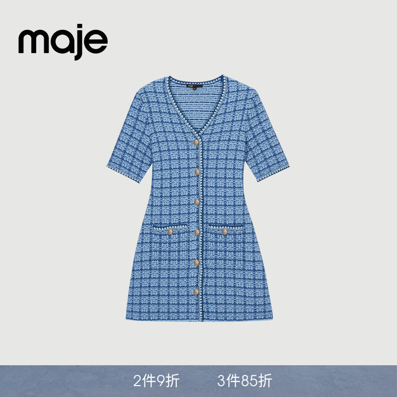 线上限定Maje春夏女装法式时尚优雅花呢蓝色单排扣V领收腰连衣裙