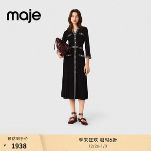 末6折Maje2025秋冬新款 黑色V领褶皱长款 女装 时尚 针织连衣裙 法式 季