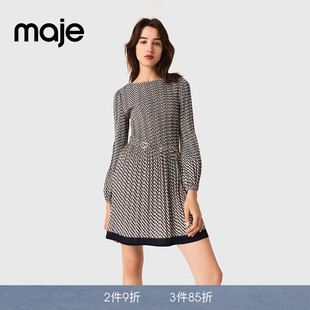 Maje商场同款春秋款女装法式复古撞色包边印花收腰修身短款连衣裙