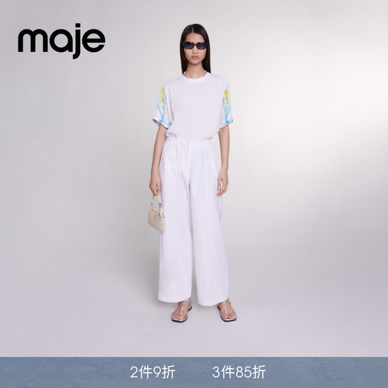 Maje春夏女装时尚休闲后背印花图案拼接圆领宽松中袖短款针织T恤