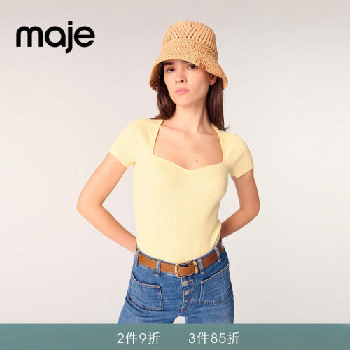 Maje黄色短袖修身短款套头针织衫