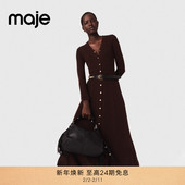 Maje2025秋冬新款 收腰针织连衣裙 复古棕色V领单排扣长款 女装 法式