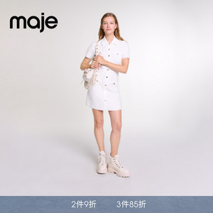 Maje春夏女装时尚高知风本白色质感亮片短袖翻领修身针织连衣裙