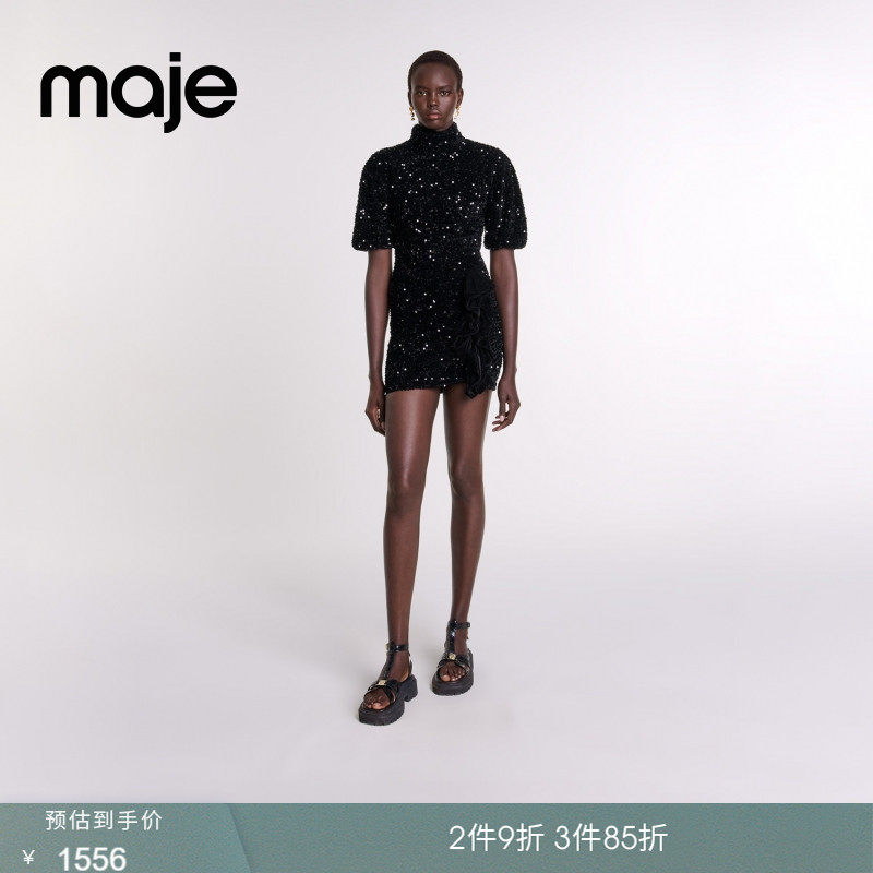 Maje秋冬女装法式时尚黑色半高领泡泡袖亮片装饰短款针织连衣裙