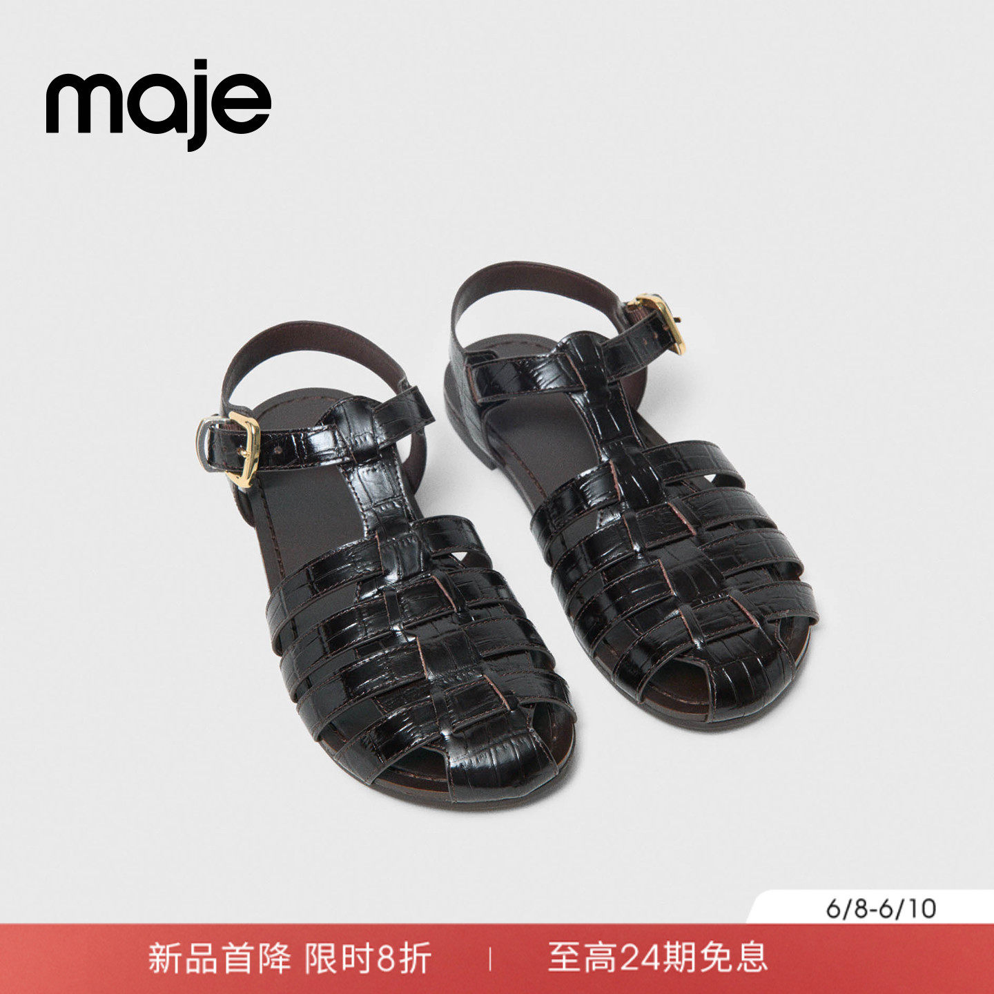 新品首降|Maje2026夏季新款法式浮雕皮革T型带女式平底女士凉鞋