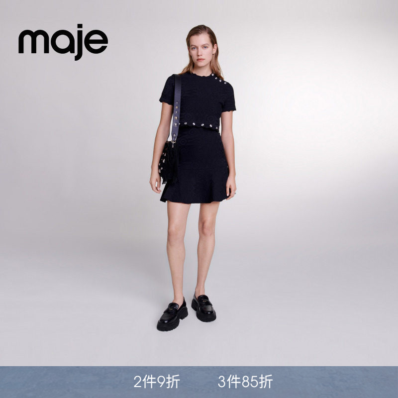 Maje女装法式时尚气质黑色铆钉收腰两件套短款针织上衣连衣裙