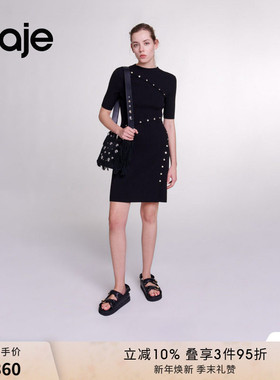 Maje秋冬女装黑色纽扣装饰开叉设计圆领修身显瘦短款针织连衣裙