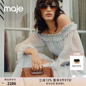 法式 时尚 天蓝色一字肩系带袖 Maje2025春夏女装 口长款 雪纺连衣裙