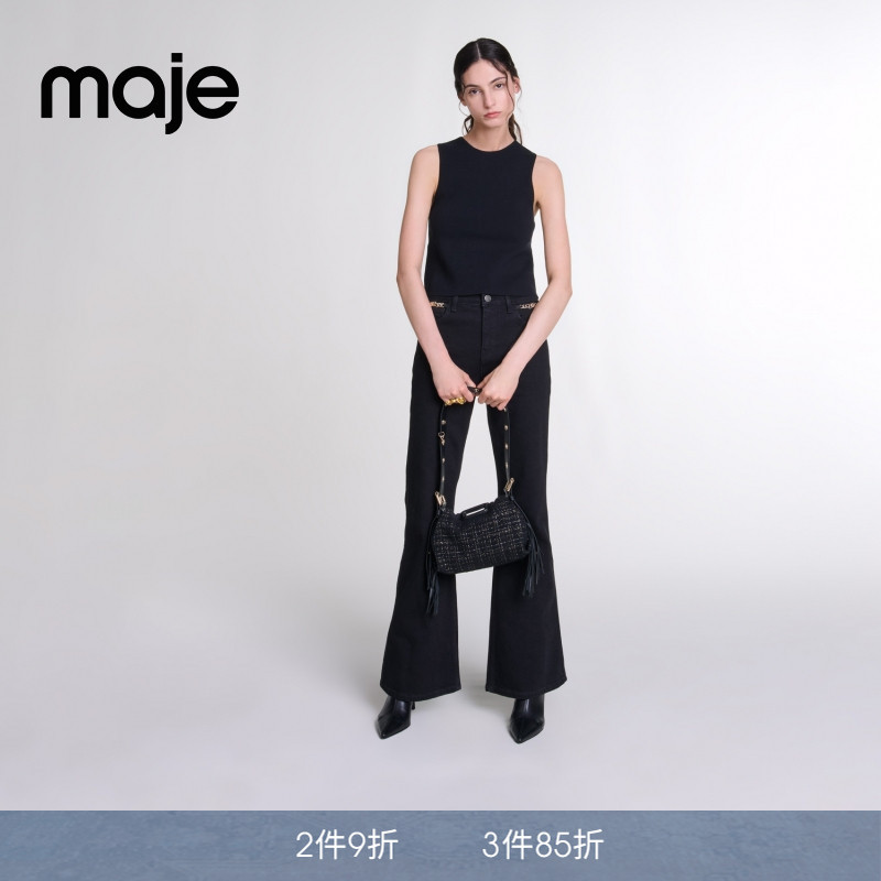 Maje春夏女装法式时尚简约黑色圆领背心款无袖短款修身针织上衣