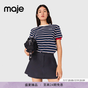 Maje经典款春秋款女装法式气质羊毛混纺深蓝色高腰阔腿短裤裙裤