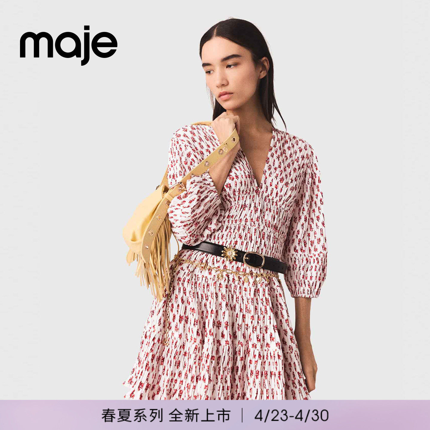 Maje2026春夏新款女装法式花朵印花V领灯笼袖百褶短款度假连衣裙