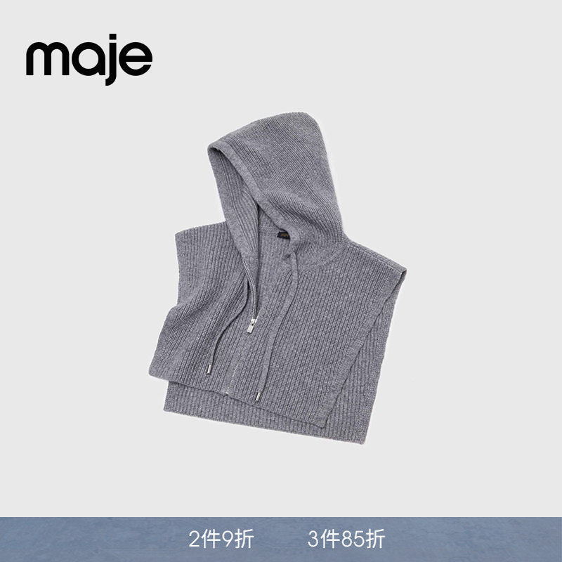 Maje春夏款女士法式气质时尚羊毛混纺灰色抽绳式连衣帽针织披肩
