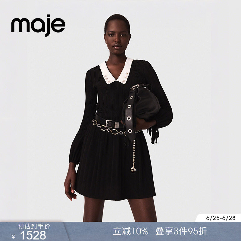 Maje春秋款女装法式垂坠感顺纡仿钻装饰撞色V领短款收腰连衣裙