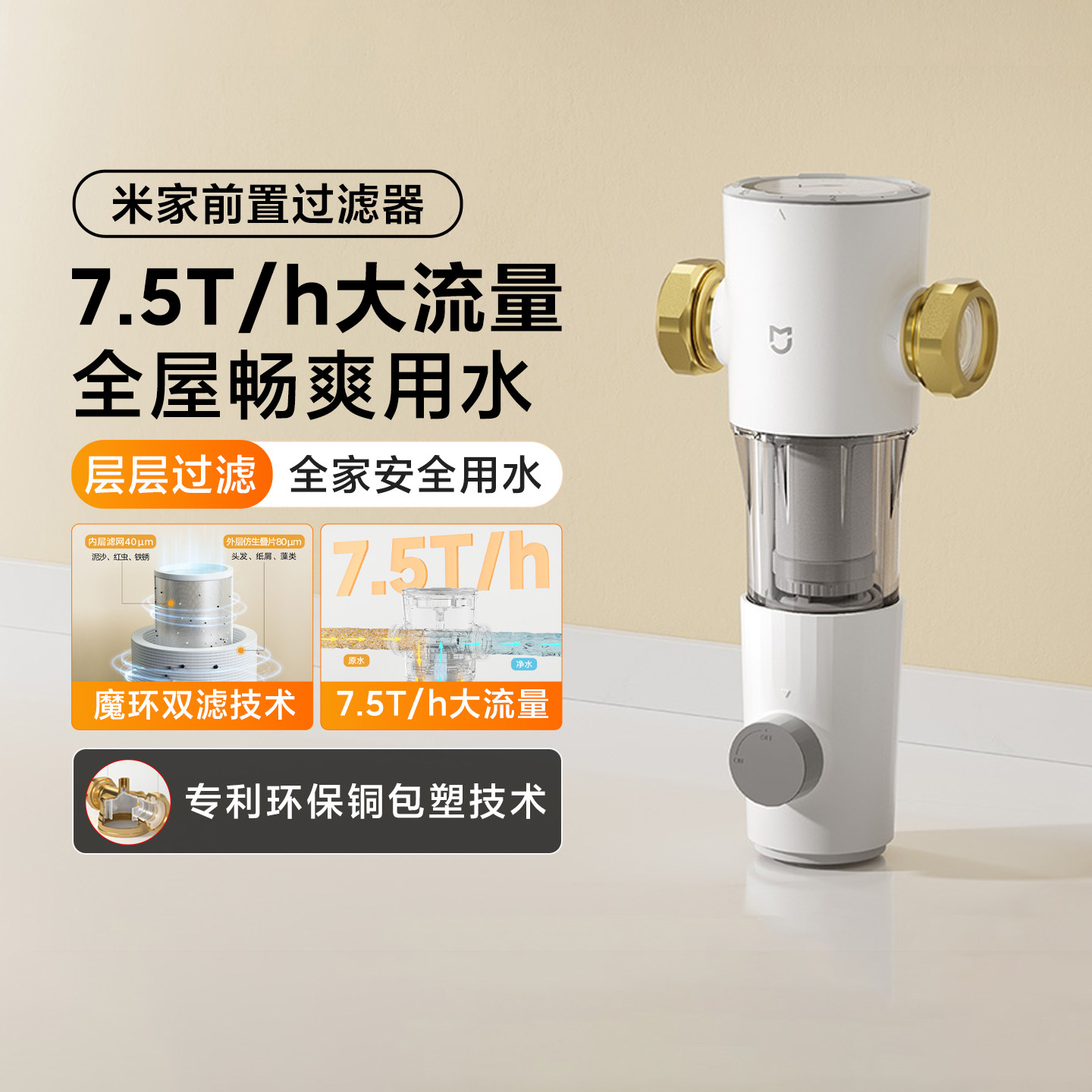小米米家前置过滤器家用全屋大流量自来水净水反冲洗式净水滤水器