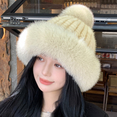 时尚 水貂毛帽子女秋冬季 貂毛狐狸毛渔夫帽水貂皮草帽冬季 保暖盆帽