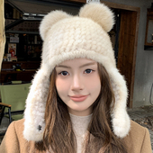 水貂毛皮草帽子狐狸毛球护耳帽雷锋帽貂皮风雪帽甜美渔夫帽显脸小