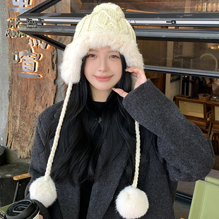 兔毛帽子女秋冬款雷锋帽显脸小加绒加厚包头护耳帽保暖针织毛线帽