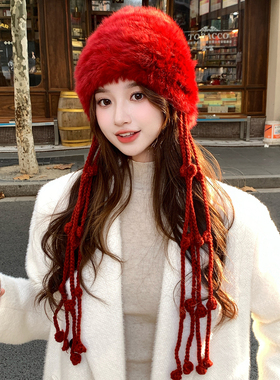 红色兔毛针织毛绒帽女冬季韩版显脸小流苏护耳帽加厚保暖雷锋帽子