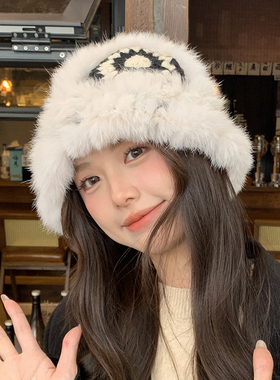 兔毛针织毛绒帽女秋冬季毛茸茸虎头醒狮渔夫帽可爱显脸小毛线帽子