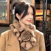 韩国真獭兔毛编织皮草围巾名媛气质花朵保暖围脖女双面加厚毛领子