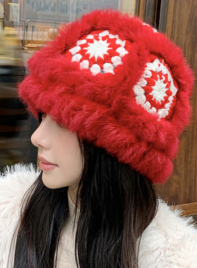 国潮红色兔毛醒狮帽女冬季毛绒针织渔夫帽百搭显脸小新年氛围感