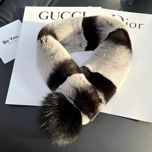 韩国真獭兔毛围脖冬季 毛绒保暖双面加厚皮草围巾狐狸毛毛球毛领子