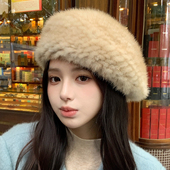 气质真水貂贝雷帽秋冬百搭貂皮帽保暖貂帽貂绒皮草帽子蓓蕾帽盆帽