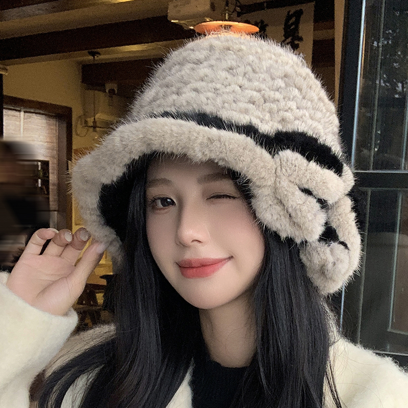 水貂编织渔夫帽优雅蝴蝶结盆帽貂皮气质帽子冬季礼帽女保暖包头帽