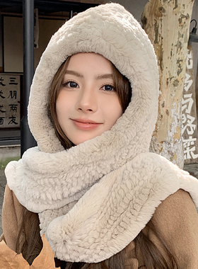 獭兔毛加厚编织风雪帽女围巾帽子一体冬季保暖皮草毛毛全包护耳帽