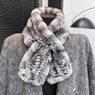 青紫蓝獭兔毛双面编织皮草围巾韩版 简约毛毛交叉保暖加厚真毛围脖