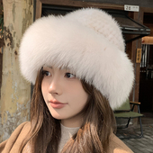 时尚 水貂毛帽子女秋冬季 貂毛狐狸毛渔夫帽水貂皮草帽冬季 保暖盆帽