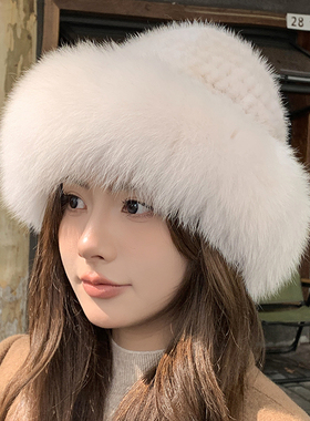 水貂毛帽子女秋冬季貂毛狐狸毛渔夫帽水貂皮草帽冬季时尚保暖盆帽