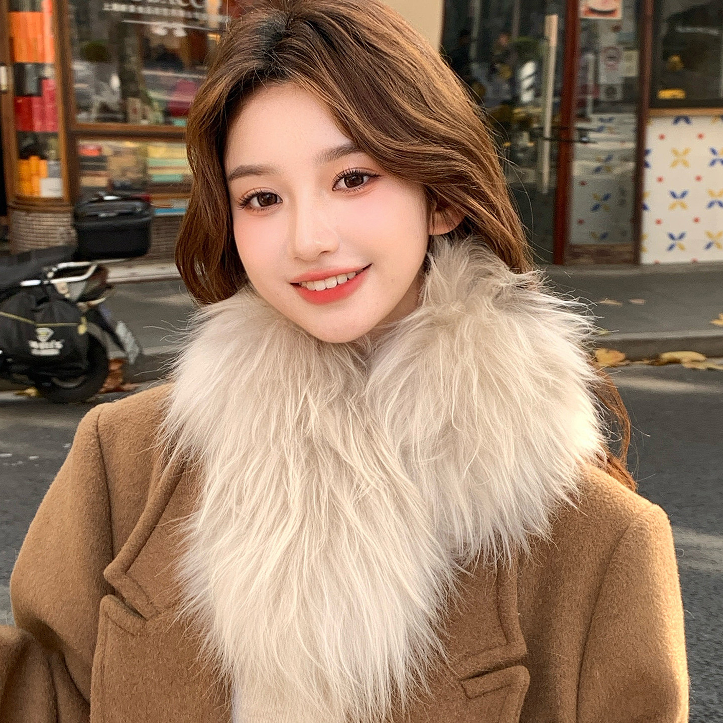 时髦山羊绒软黄金皮毛一体羊毛卷毛围巾保暖百搭毛毛领子皮草围脖