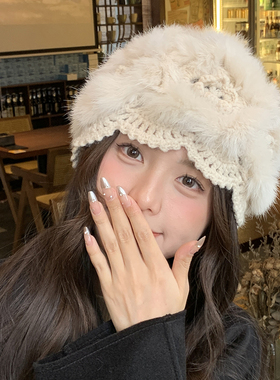 毛毛帽子真毛兔毛绒皮草帽韩版百搭防寒保暖毛线针织包头帽女冬季
