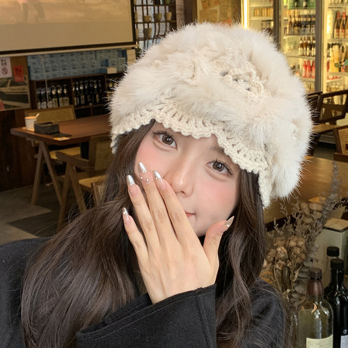 毛毛帽子兔毛针织帽女保暖包头帽