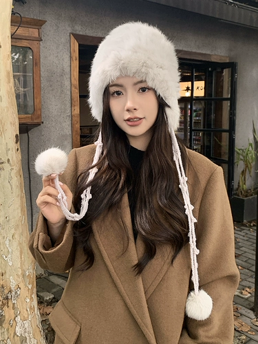 Шапка из кроличьего меха, женская зимняя меховая шапка с защитой ушей, шапка Баотоу, милая и милая универсальная шапка-тазик, показывающая лицо маленькой шапки Лей Фэна