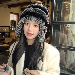 新款 兔毛帽针织帽皮草百搭帽子 獭兔毛护耳帽女加厚保暖雷锋帽韩版