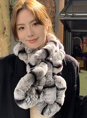 韩版獭兔毛皮草围巾女冬季保暖加厚双面荷叶边长款围脖真毛毛领子