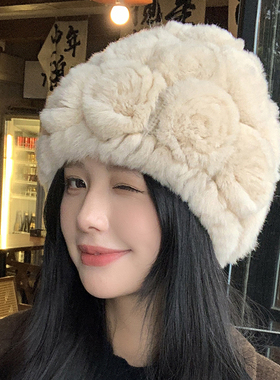 兔毛毛帽子秋冬款加厚保暖包头帽花朵毛线针织帽防寒护耳帽渔夫帽
