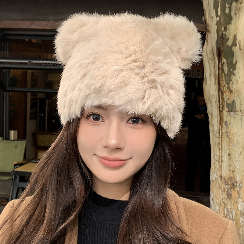 兔毛帽子可爱小熊护耳帽女包头帽