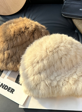 兔毛毛帽子女秋冬款加厚保暖防寒毛线帽显脸小皮草护耳毛绒渔夫帽