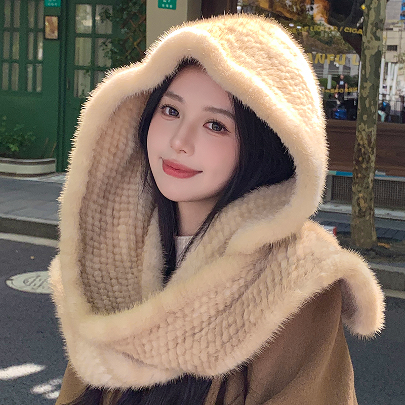 帽子围巾一体帽保暖水貂毛风雪帽