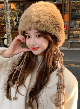 韩版兔毛针织毛绒帽女冬季韩版显脸小流苏护耳帽加厚保暖雷锋帽子