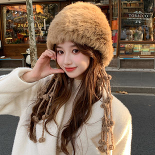 韩版兔毛针织毛绒帽女冬季韩版显脸小流苏护耳帽加厚保暖雷锋帽子